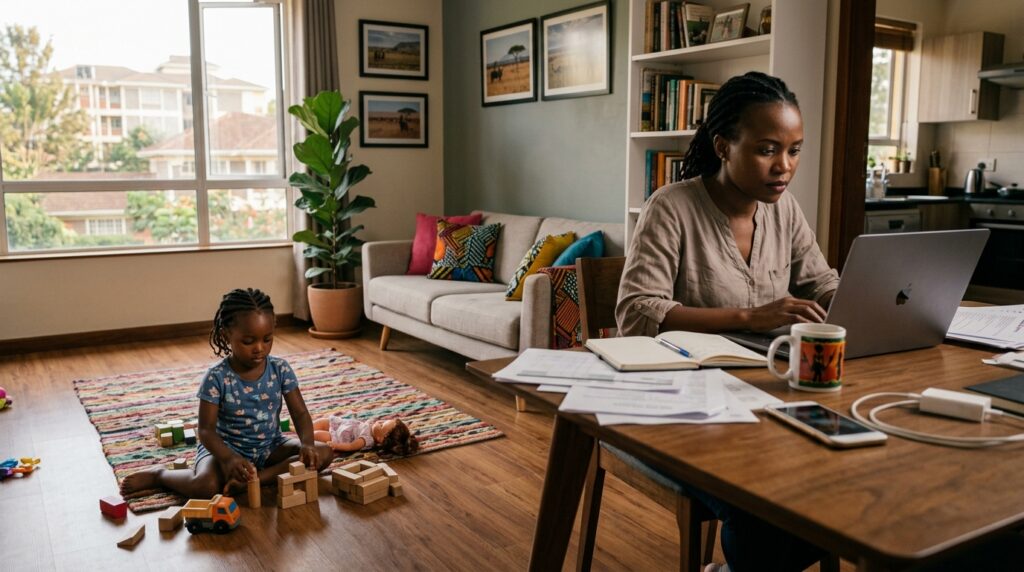A young child playing alone with toys in a Nairobi living room while a parent is visible in the background on a laptop — representing the tension between work demands and childcare that signals the need to hire a house help in Nairobi
