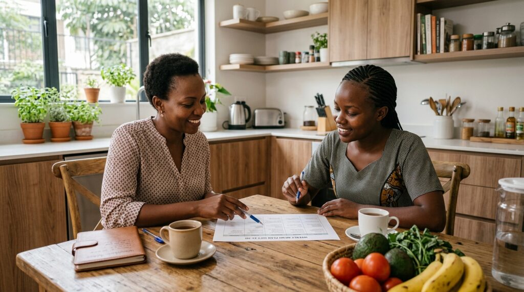 A Nairobi employer sitting at the kitchen table with their house help, going through a printed weekly menu plan together in a calm, collaborative atmosphere — representing effective communication and teamwork in the household