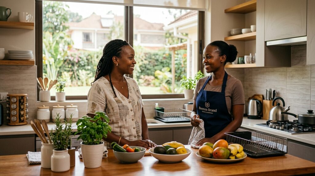 An employer and a house help sharing a warm, respectful interaction in a Nairobi kitchen — representing a positive, dignified working relationship