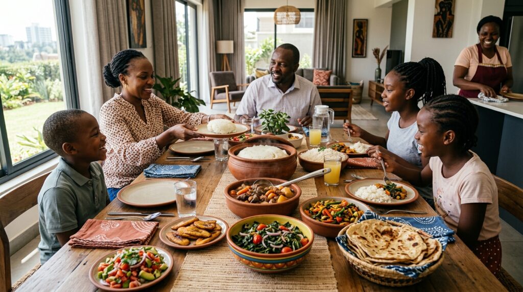 A colourful spread of traditional Kenyan meals — ugali, sukuma wiki, chapati, beef stew, and rice — on a well-set family dining table in a Nairobi home, representing the variety that a good menu plan for the house help brings to the family table