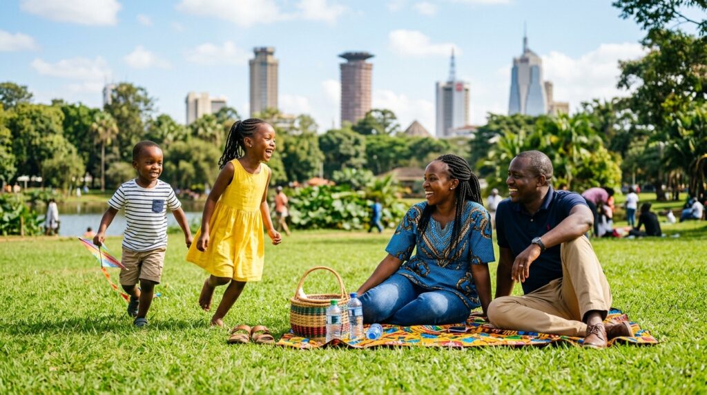 A Nairobi family — mum, dad, and two children — laughing together in Uhuru Park on a sunny Saturday morning — representing reclaimed family time and weekend joy