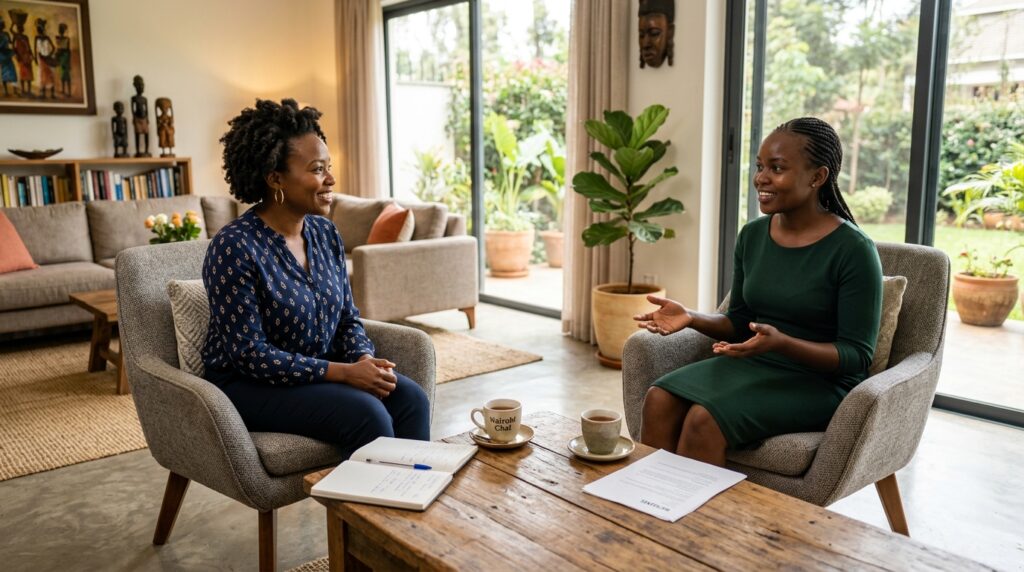 A homeowner sitting across from a candidate during a calm, professional interview in a home setting
