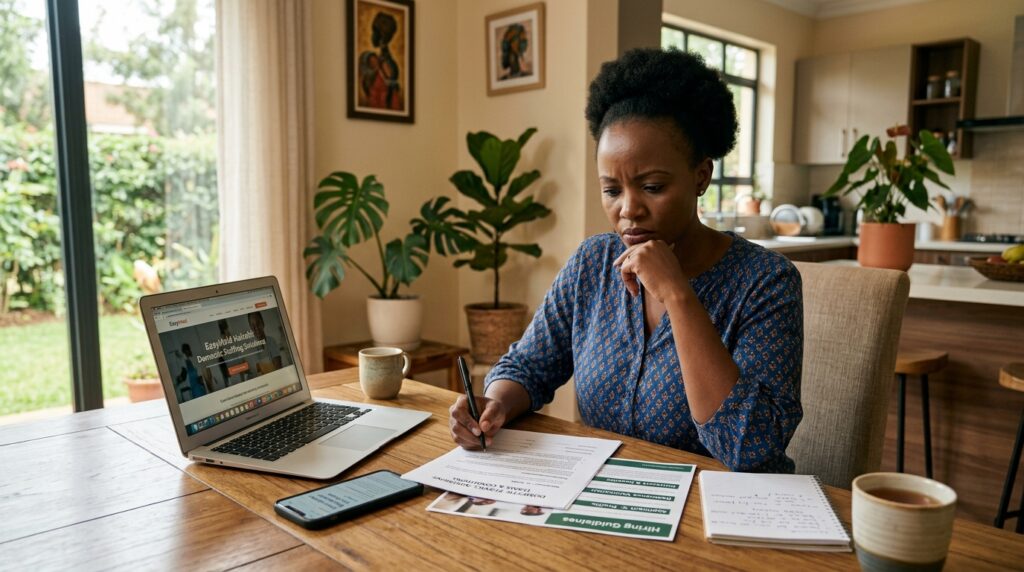 A concerned homeowner looking thoughtful while reviewing a document — representing careful decision-making