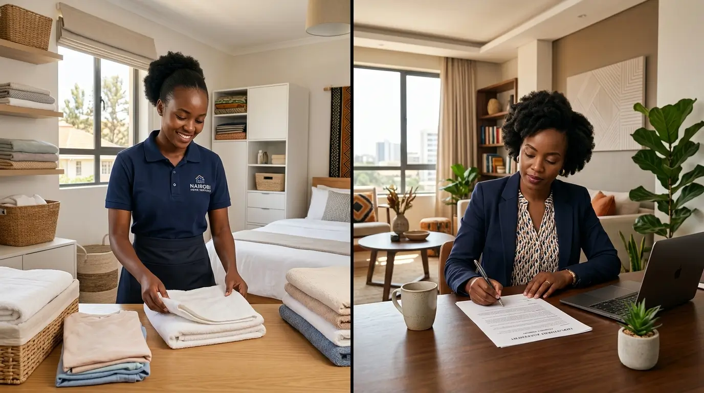 A split-image showing a house help folding laundry on one side and a professional employer reviewing documents on the other — representing both sides of the employment relationship in a clean, modern Nairobi home setting