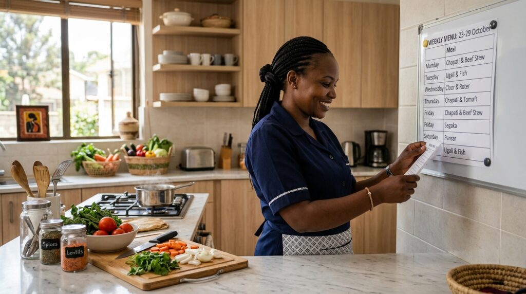 A confident Nairobi house help reading a printed menu plan pinned to the kitchen wall while preparing ingredients on a clean kitchen counter — representing the independence and clarity that a menu plan for the house help provides