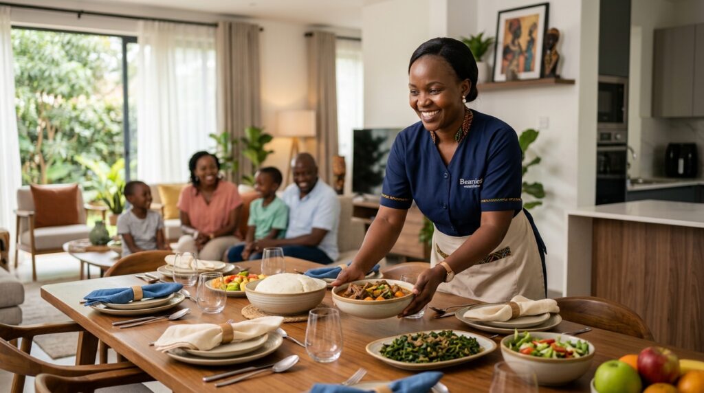 A cheerful house help serving a home-cooked meal on a well-set dining table in a Nairobi home — representing the warmth and comfort that comes after acting on the signs you need to hire a house help in Nairobi