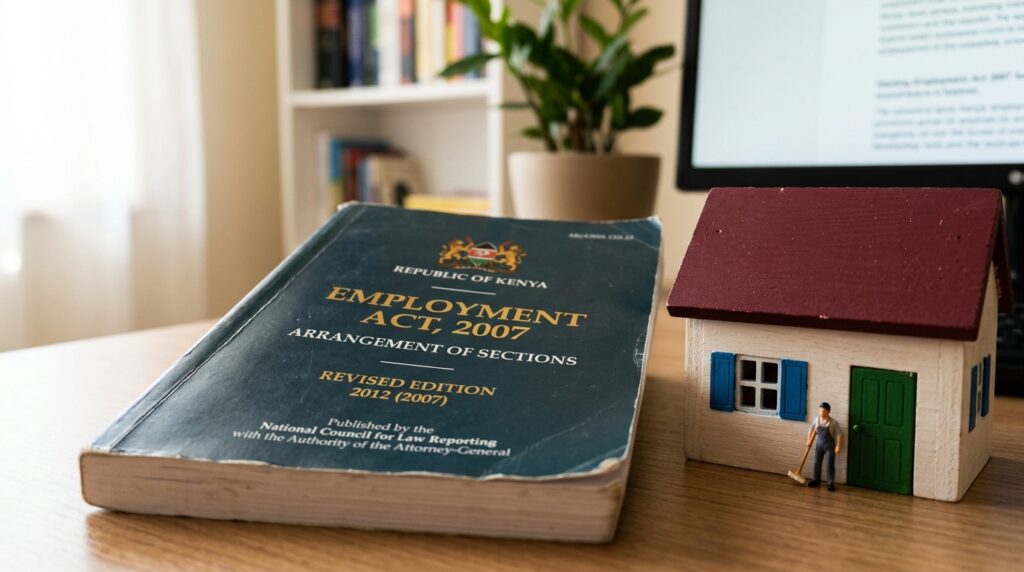  A copy of the Kenya Employment Act 2007 document alongside a small model house — symbolizing domestic worker legal protection