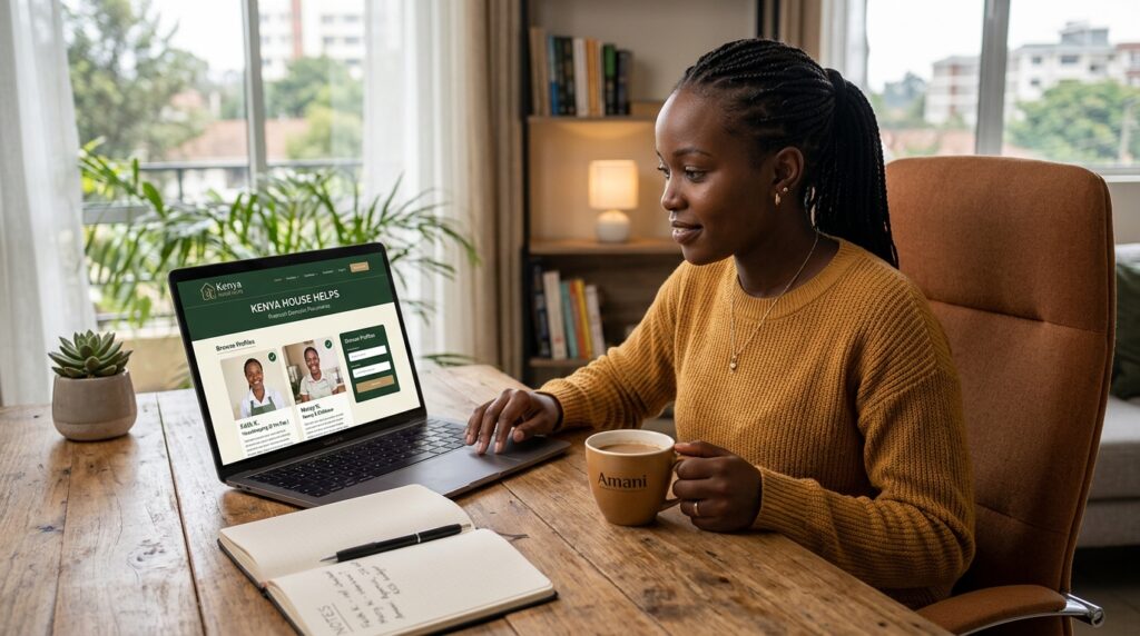 A person browsing a domestic worker agency website on a laptop, with a notepad beside them