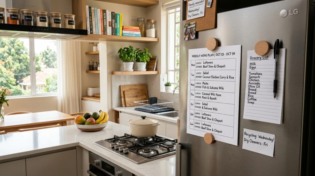 A neat, clearly formatted weekly menu plan printed on A4 paper and stuck to a Nairobi kitchen fridge with a magnet — next to a grocery list and a pen, representing an organised and functional household kitchen system