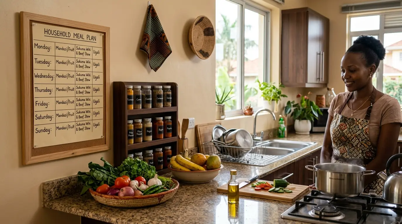A neatly handwritten or printed weekly meal timetable pinned to a clean Nairobi kitchen wall next to a well-organised spice rack and fresh vegetables on the counter — representing a household that runs smoothly thanks to a clear, practical menu plan for the house help to follow