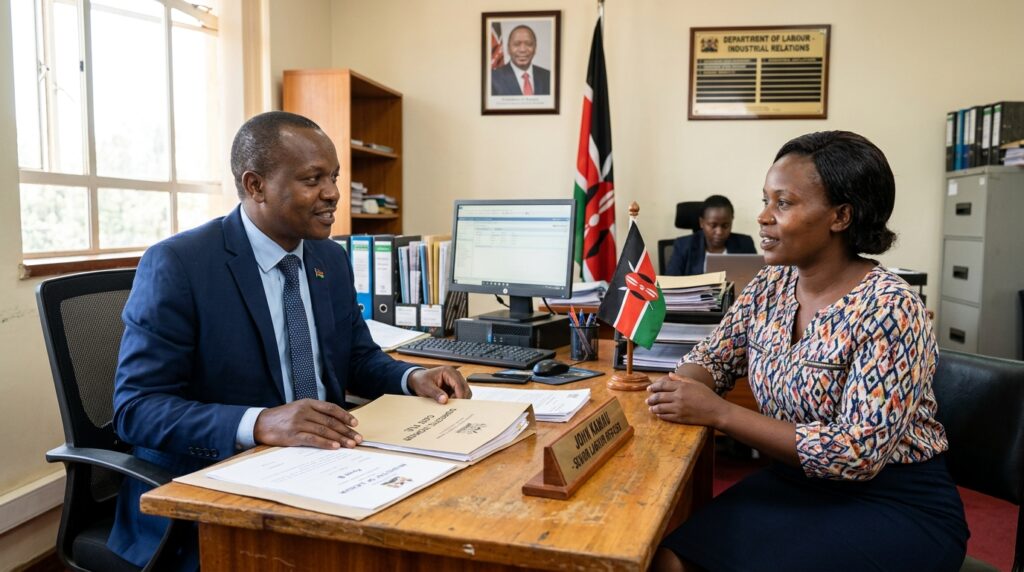 A labour officer sitting at a desk speaking with a domestic worker — representing fair dispute resolution in Kenya