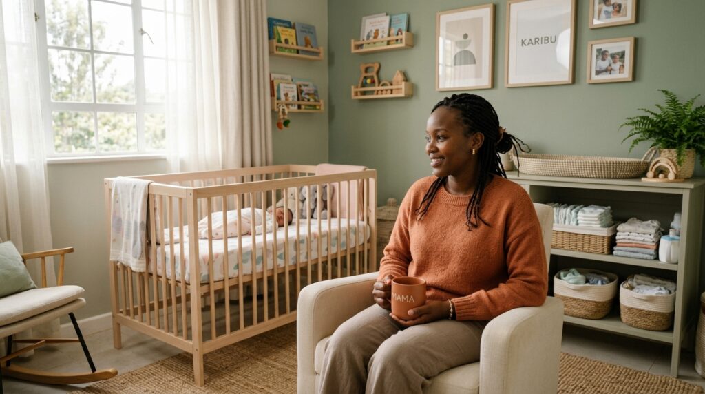 A new Nairobi mother sitting in a clean, organised nursery looking calm and rested — representing the peace of mind that follows recognising the signs and hiring house help in Nairobi