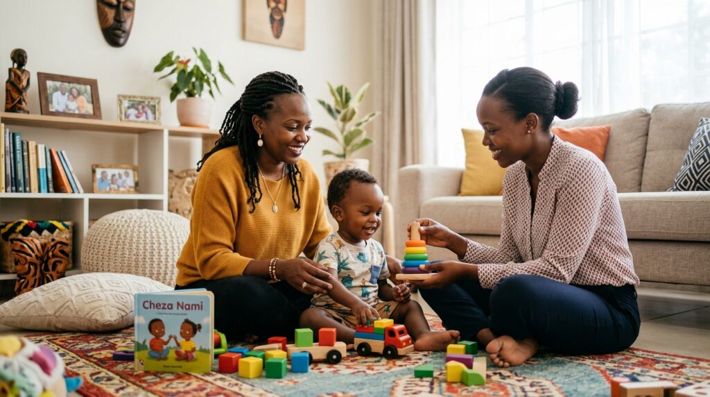 A Nairobi mother sitting beside her toddler and their new nanny during a calm introductory play session at home — representing the deliberate, warm first steps of helping a child bond with a new nanny in Nairobi