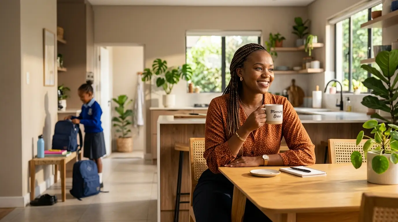 A smiling, well-rested Nairobi working mum sitting at a bright kitchen table enjoying her morning coffee in a clean, organised home