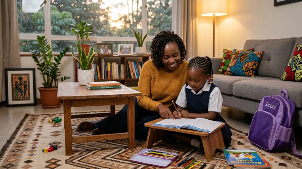 A Nairobi working mum sitting on the floor helping her young child with homework in a tidy, warm living room — representing quality time and true presence with children