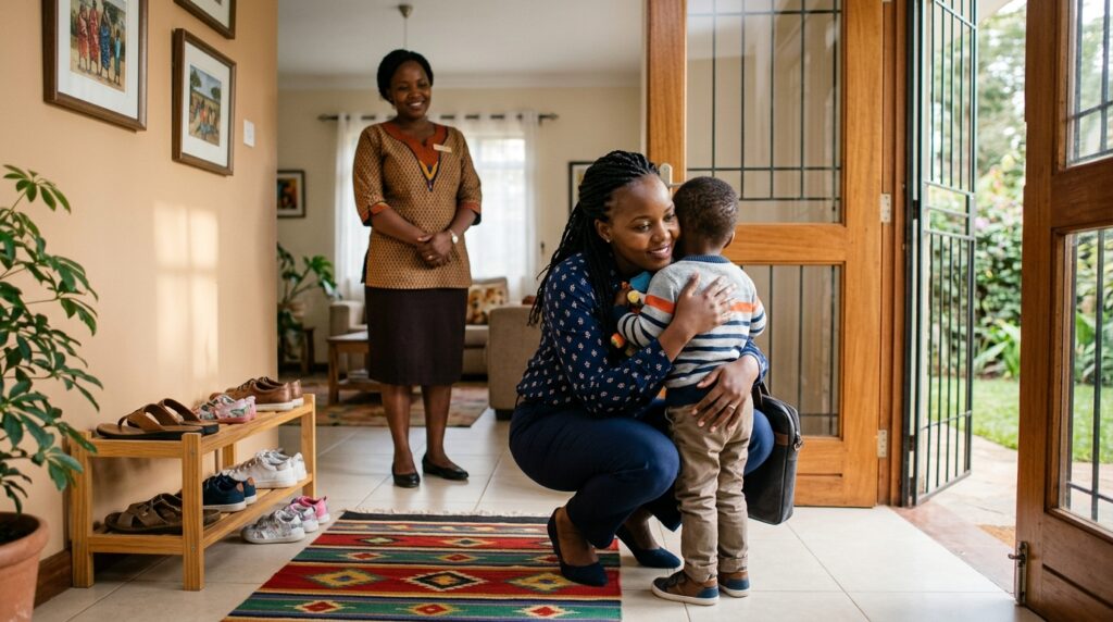 A Nairobi mum crouching at the front door giving her toddler a warm, confident hug goodbye while the nanny waits calmly behind with a smile — representing the short, loving, confident goodbye that supports a child bonding with their new nanny