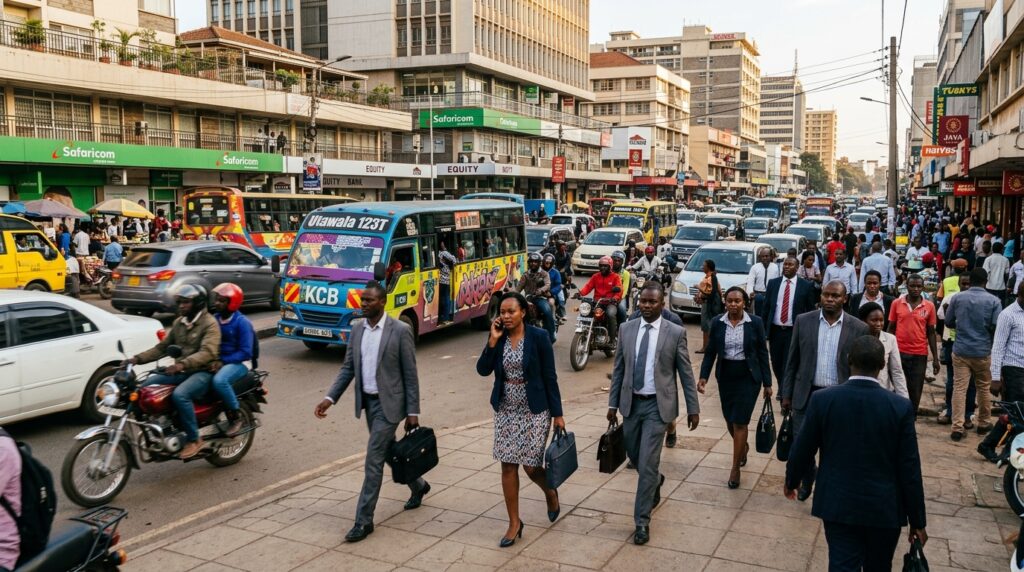 A busy Nairobi street scene showing the city's fast-paced lifestyle