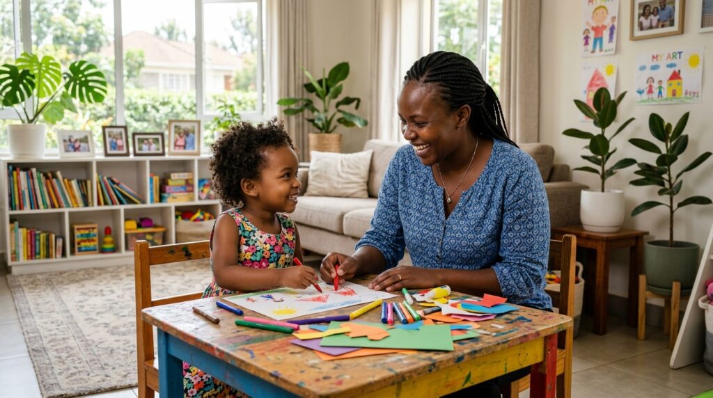 A Nairobi nanny and a preschool-aged child sitting at a colourful table doing an arts and crafts activity together, both smiling — representing the shared activities that help a child bond with their new nanny in Nairobi