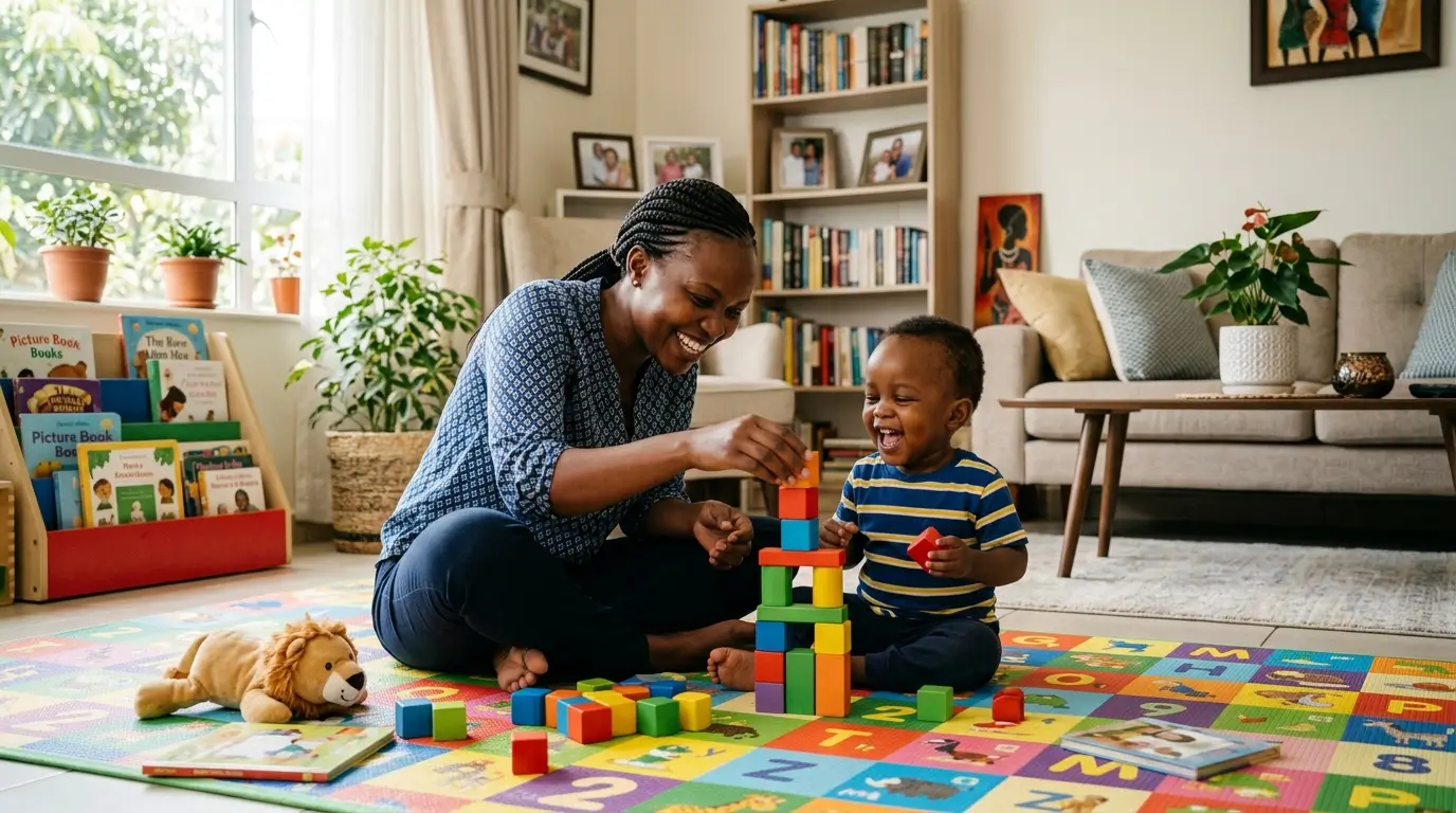 A warm, cheerful Nairobi nanny sitting on a colourful play mat with a toddler, both laughing and playing with building blocks — the child looks relaxed and engaged, with a bright, well-furnished living room in the background, conveying trust, safety, and a growing bond between child and caregiver