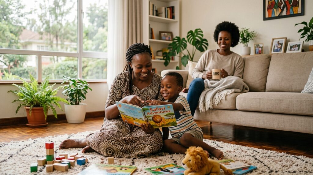A Nairobi nanny reading a picture book to a young child while the mother sits nearby on a sofa — representing the gradual, reassuring introduction process that helps a child bond with their new nanny in Nairobi
