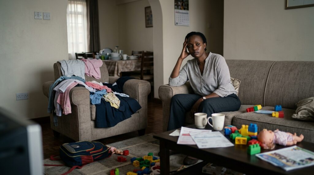 A Nairobi working parent staring blankly in a cluttered room, looking hollow and depleted — representing what happens when you ignore the signs you need to hire a house help in Nairobi for too long
