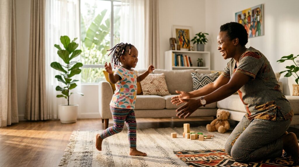 A happy Nairobi toddler running toward a smiling nanny with arms outstretched in the morning — representing the milestone moment when a child has fully bonded with their new nanny in Nairobi and the transition is complete