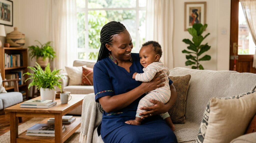 A female house help holding a baby while sitting in a comfortable home environment — representing maternity rights and dignified work