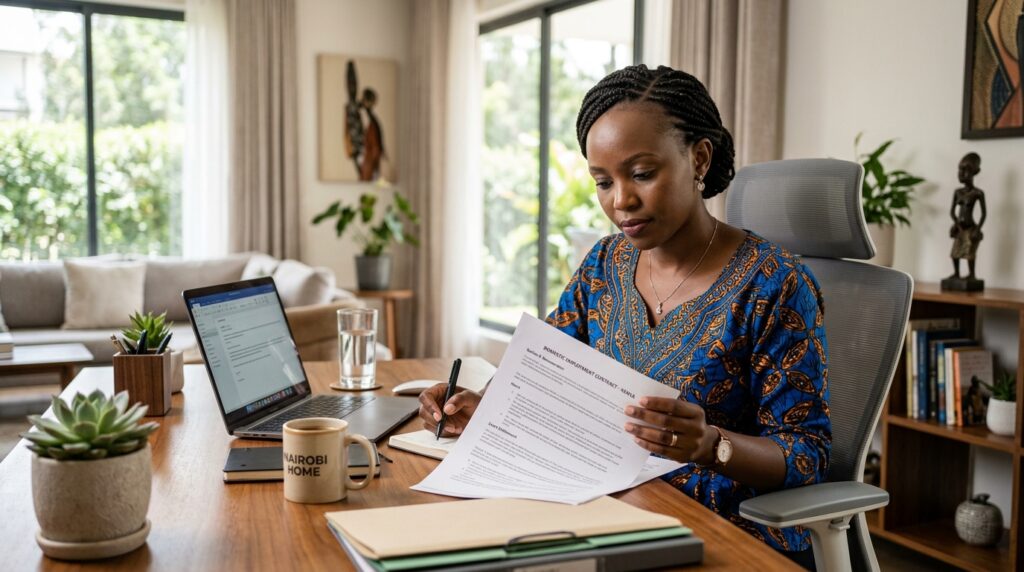 A homeowner reviewing a domestic employment contract at a desk — representing the employer's legal rights and responsibilities
