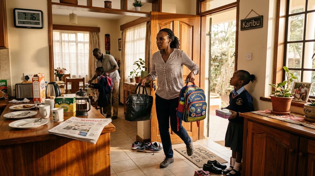 A busy Nairobi morning scene — a parent rushing out the door with a laptop bag and a school bag, symbolising the hectic pace of urban family life that signals the need for house help in Nairobi