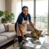 A smiling, professionally dressed house help tidying a bright, modern Nairobi living room