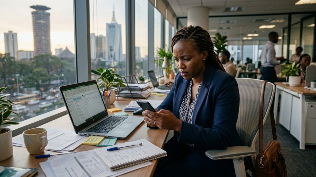 A professional looking distracted at their office desk in Nairobi, holding their phone with a worried expression — representing how an unmanaged home is a sign you need to hire a house help in Nairobi