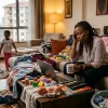 A visibly exhausted Nairobi professional sitting on a couch surrounded by unfolded laundry, dishes, and toys — looking overwhelmed but with a warm home in the background, conveying the need for household support