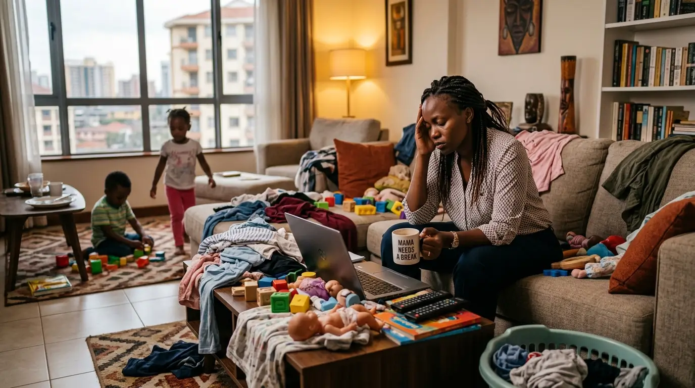 A visibly exhausted Nairobi professional sitting on a couch surrounded by unfolded laundry, dishes, and toys — looking overwhelmed but with a warm home in the background, conveying the need for household support