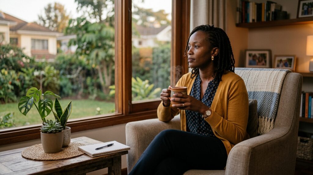 A reflective working mum sitting in a quiet moment with a cup of tea, looking thoughtfully out of a window — representing self-awareness and the decision to prioritise wellbeing
